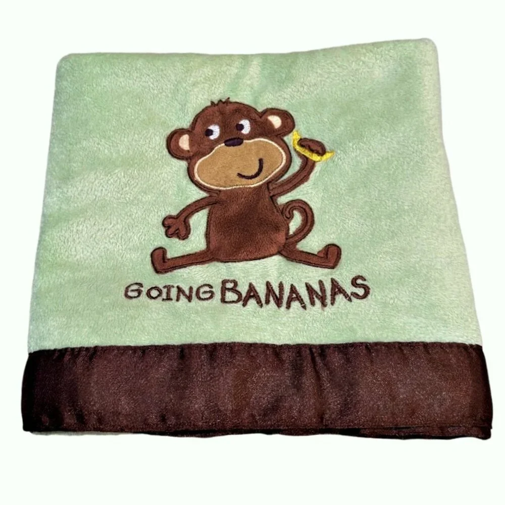 CARTERS Baby Blanket Lovey Monkey Going Bananas Satin Trim 30 x 38 Green Brown